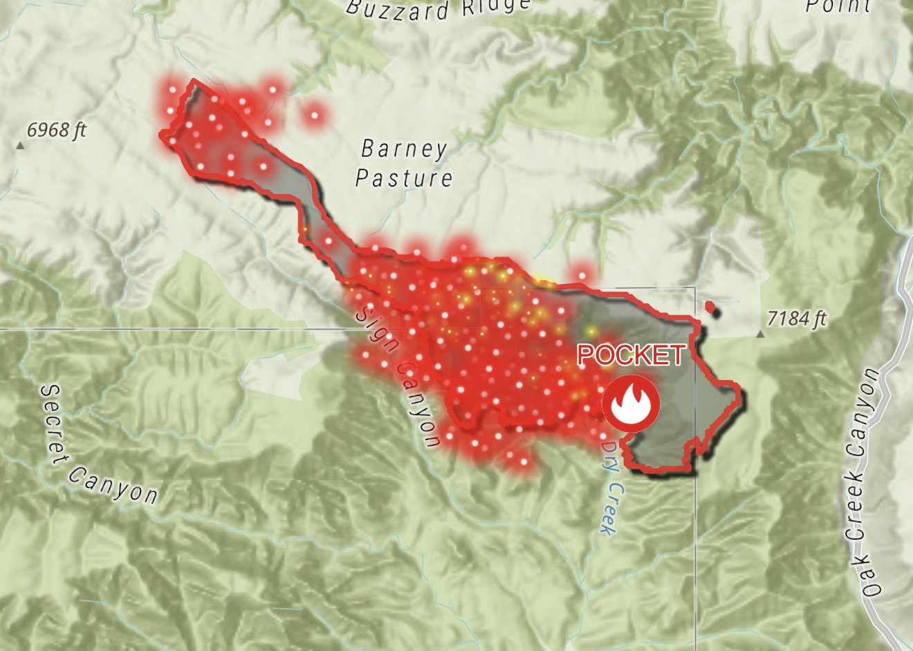 Wildfire activity map showing the Pocket Fire perimeter and satellite heat detections across Sign Canyon and Barney Pasture